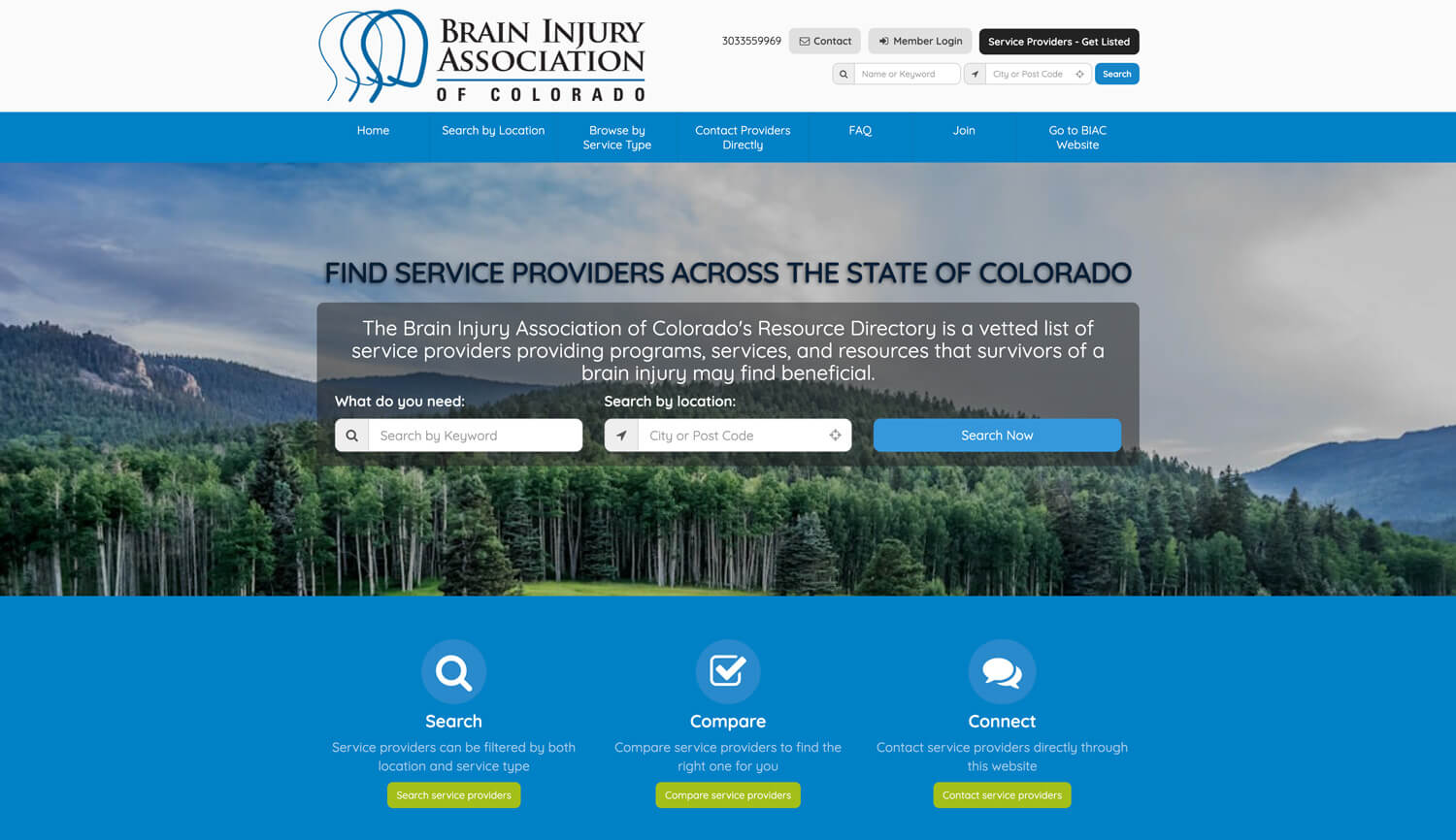 Screenshot of the Brain Injury Association of Colorado Resource Directory homepage showing search options to find service providers by keyword or location, with a mountain forest background.